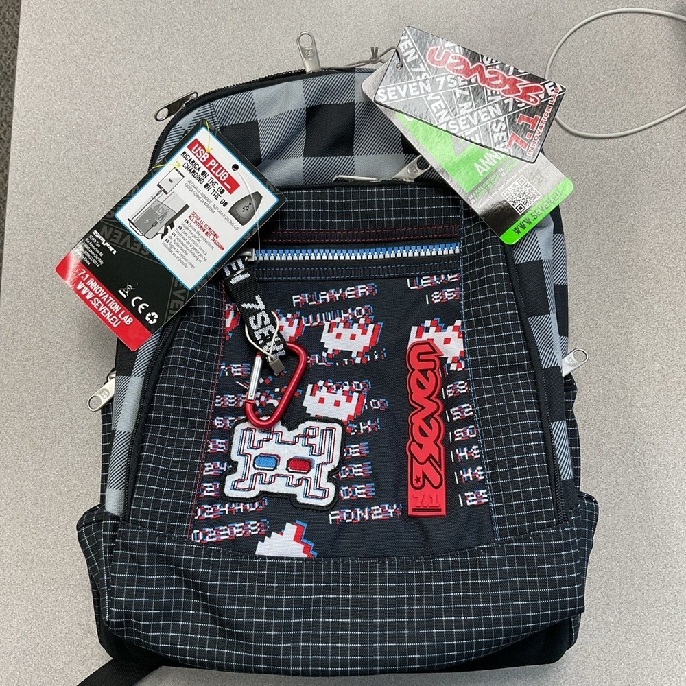 NWT 7Seven Black Grey Plaid Retro Gaming Backpack